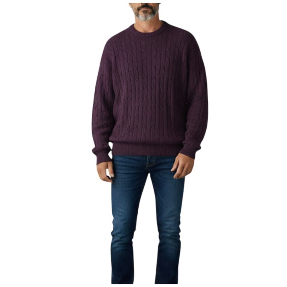 BARRY BRICKEN 100% Silk Fisherman Cable Knit Crew Sweater Men L Purple Work Cozy